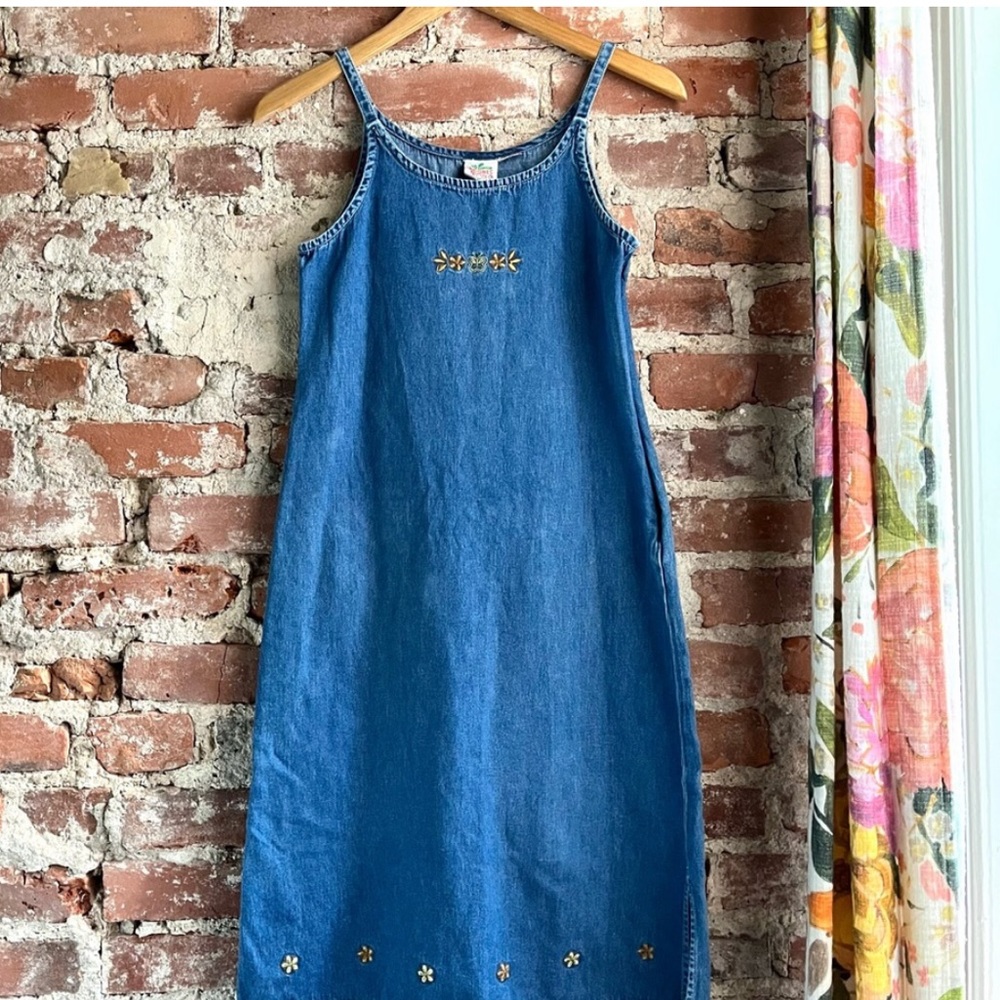 Vintage y2k Women’s Denim Floral Embroidered Camisole Midi Dress
